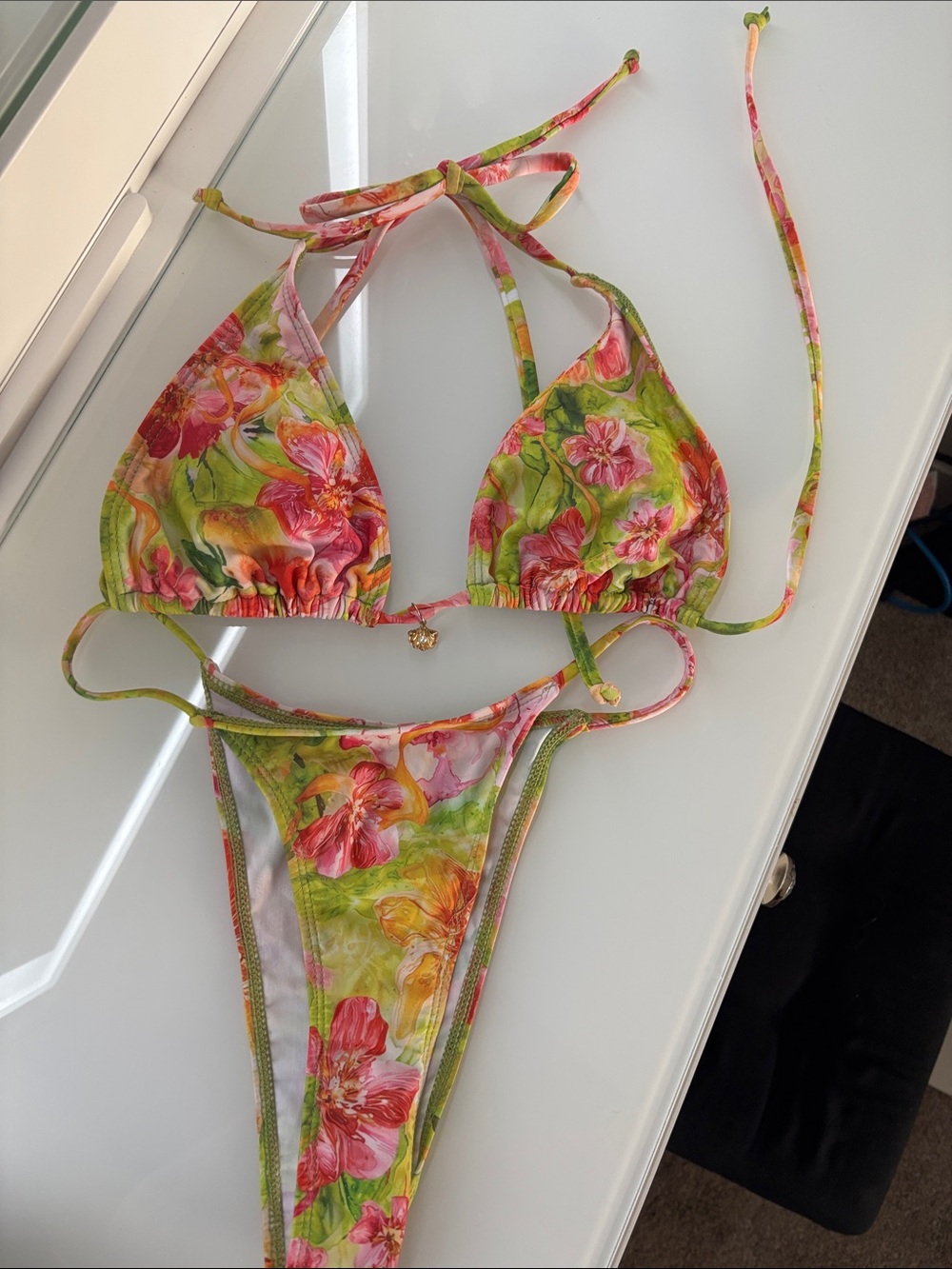 Green & Pink Floral' Two-Piece Bikini and Cover-up